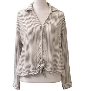 Hippie Rose White Brown Striped Tie Front Long Sleeve Blouse Shirt Size Large